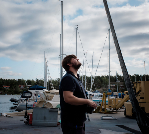 A team member checks a boat